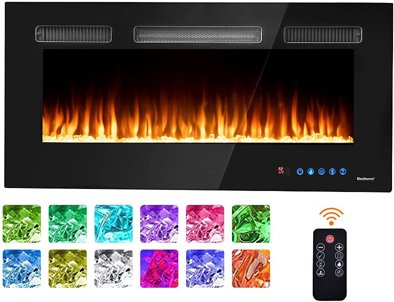 Photo 1 of Bestherm 50 in Electric Fireplace Inserts, Wall Mounted Fireplace for The Living Room, Fake Fireplace Heater with Adjustable Flame, 750/1500W Control by Touch Panel & Remote
