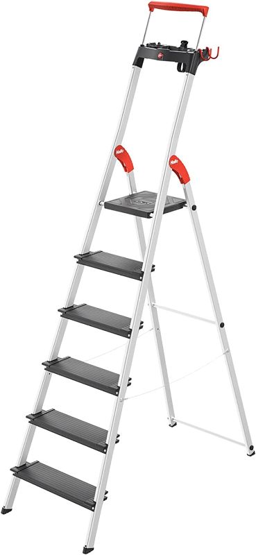 Photo 1 of Hailo L100 Topline | Aluminum Folding Stepladder | Six Steps | Extendable Safety Rail | Integrated Multifunctional Storage Tray | Folding Safety Mechanism with Platform Locking | Item Holding Options
