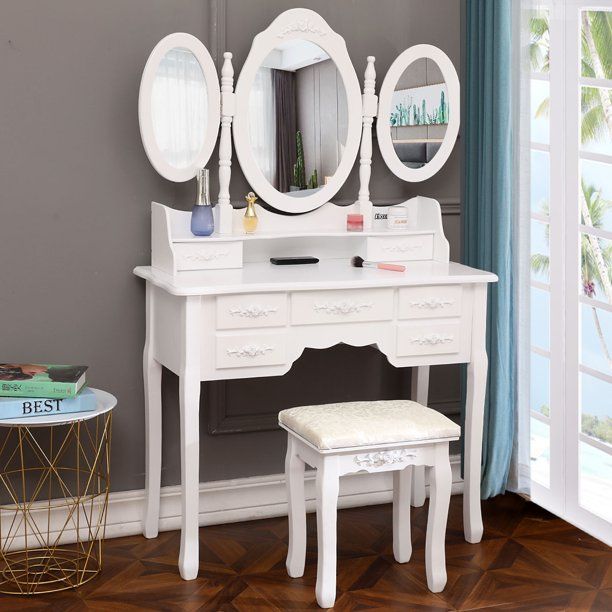 Photo 1 of FCH Vanity Dressing Table Set Make Up Table w/Stool 7 Drawer & 3 Foldable Mirrors Beauty Station White
