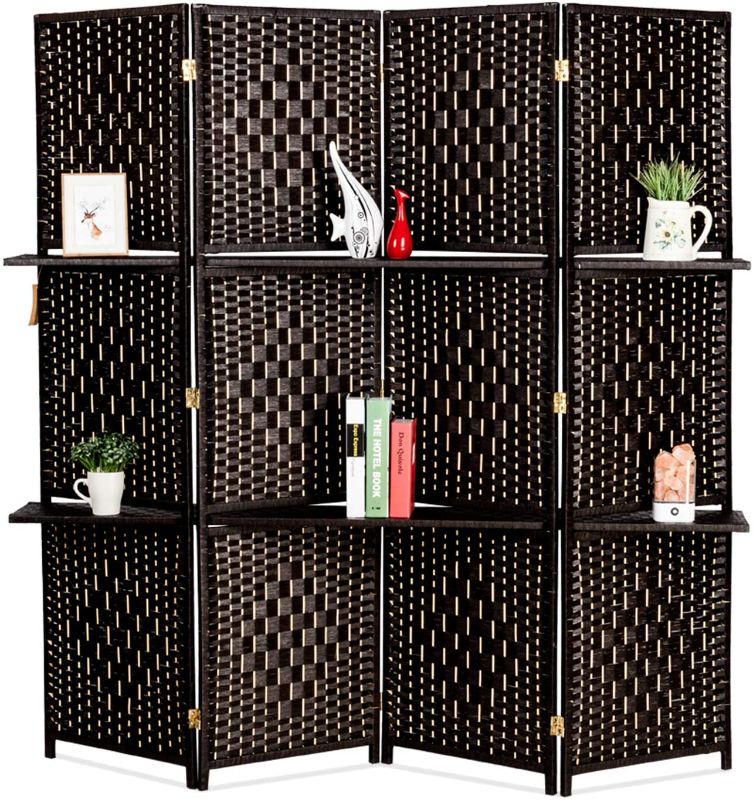 Photo 1 of Bonnlo Upgraded Heavy Duty 6FT Tall Rattan Room Divider Screens with Partition Wall 2 Display Shelves, Indoor Folding Screen Dual-Sided Hinges for Home Office (4 Panels)
