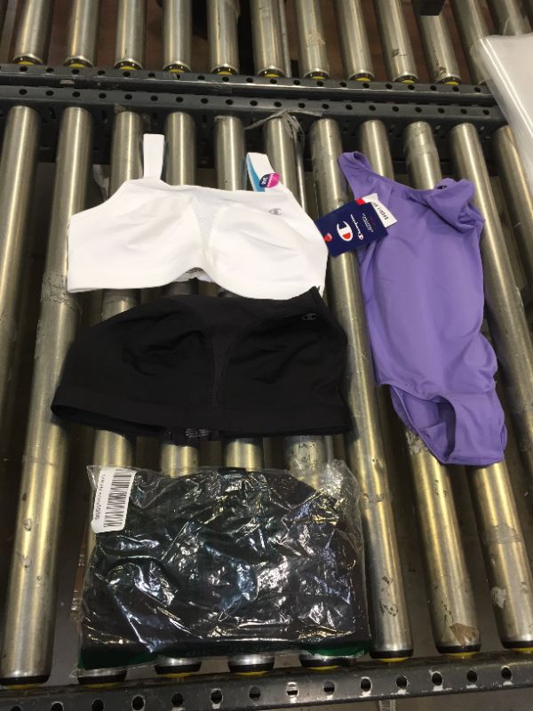 Photo 1 of 4 PCS BOX LOT----34D CHAMPION SPORTS BRA /8-10 SWIMSUIT KIDS/HANES COLLARD SHIRT