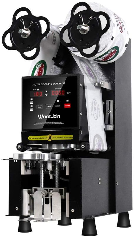 Photo 1 of WantJOIN Cup Sealer Machine, Fully Automatic Cup Sealer, 3.5/3.7 inches (90/95 mm) Diameter, Digital Control, Automatic Counting, 400-600 Cups/Hour, Tapioca Milk Tea, Coffee, Juice, Commercial Use, 110V (Black)