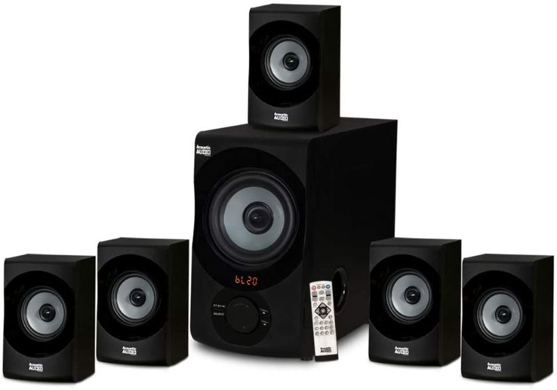 Photo 1 of Acoustic Audio AA5172 700W Bluetooth Home Theater 5.1 Speaker System with FM Tuner, USB, SD Card, Remote Control, Powered Sub (6 Speakers, 5.1 Channels, Black with Gray)