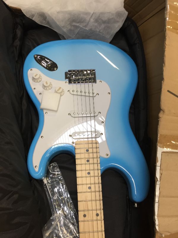 Photo 1 of Monoprice Cali Classic Electric Guitar - Blue Burst, 6 Strings, Double-Cutaway Solid Body, Right Handed, SSS Pickups, Full-Range Tone, with Gig Bag, Perfect for Beginners - Indio Series