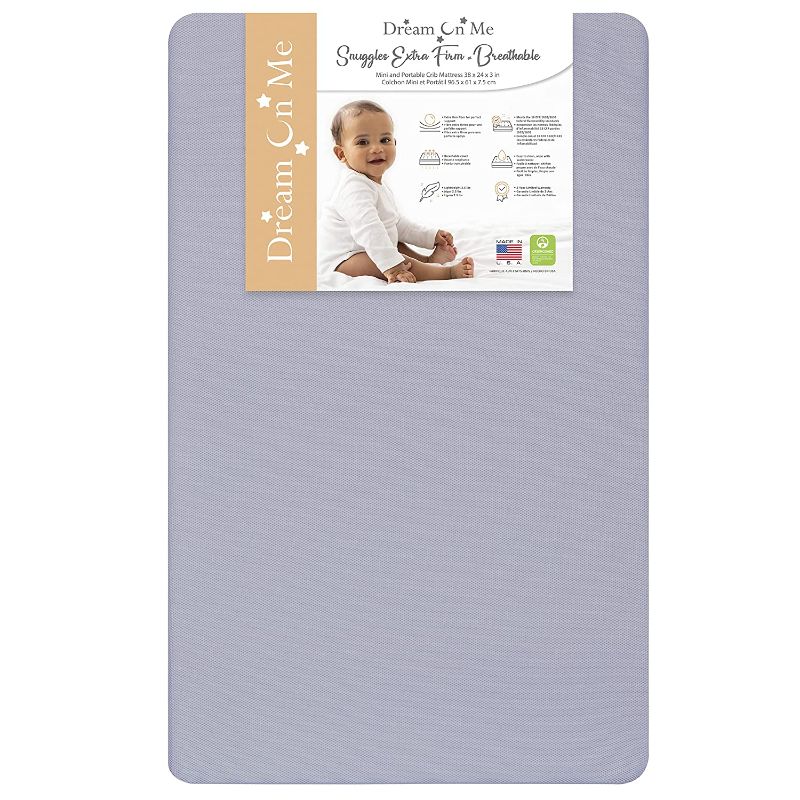 Photo 1 of Dream On Me Snuggles Breathable Extra Firm Fiber Portable and Mini Crib Mattress in Periwinkle I Greenguard Gold Certified
