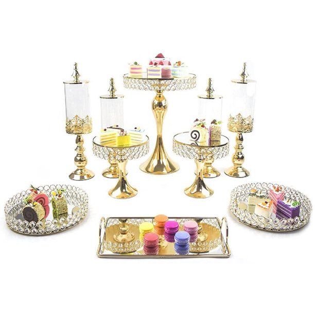 Photo 1 of ANQIDI 10Pcs Metal Cake Stands Set Crystal Round Cake Holder Plating Mirror Cupcake Display Tower Plate for Wedding Party (Gold)
