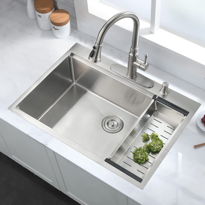 Photo 1 of 33 Stainless Steel Drop In Kitchen Sink, BoomHoze Handmade Deep 16 Gauge 33 Inch Single Bowl Topmount Workstation Kitchen Sink
