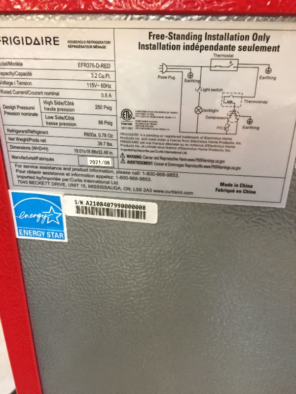 Photo 6 of Frigidaire 3.2 Cu. Ft. Retro Compact Refrigerator with Side Bottle Opener EFR376, Red
makes a noise when turned on 