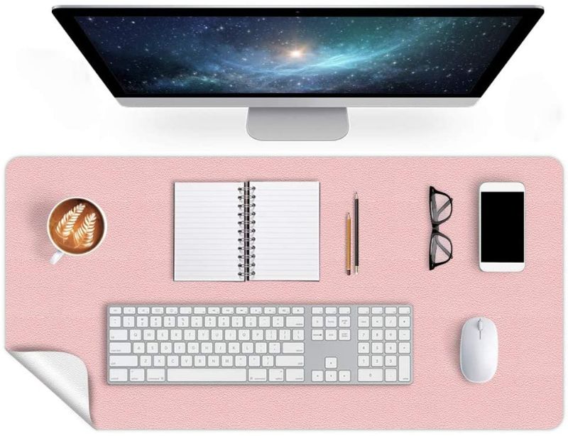 Photo 1 of Dual-Sided Desk Mat 24 X 60 Inch Extra Large Desk Writing Pad on Top of Desks Office Desk Pad PU Leather Desk Blotter Protector Laptop Computer Keyboard Gaming Mouse Pad Organizer Non-Slip Pink/Silver
