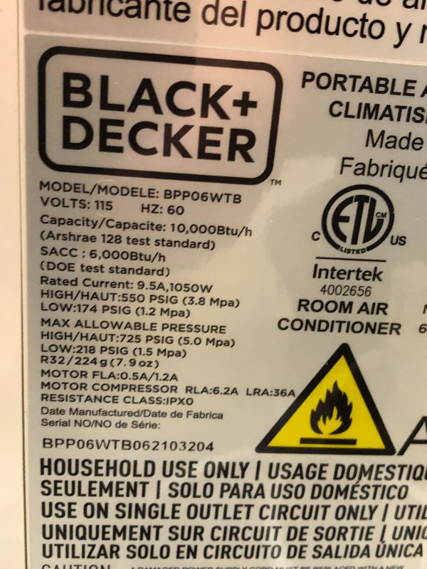 Photo 5 of BLACK+DECKER BPP06WTB Portable Air Conditioner with Remote Control, 10,000 BTU, Cools Up to 250 Square Feet, White
(( OPEN BOX ))
** NORMAL USE **