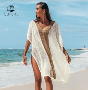 Photo 1 of CUPSHE Beige Mesh Square Cover Up Woman Swimsuit Sexy Side Split Kaftan Tunic Beach Mini Dress 2022 Summer Beachwear Dress
MEDIUM