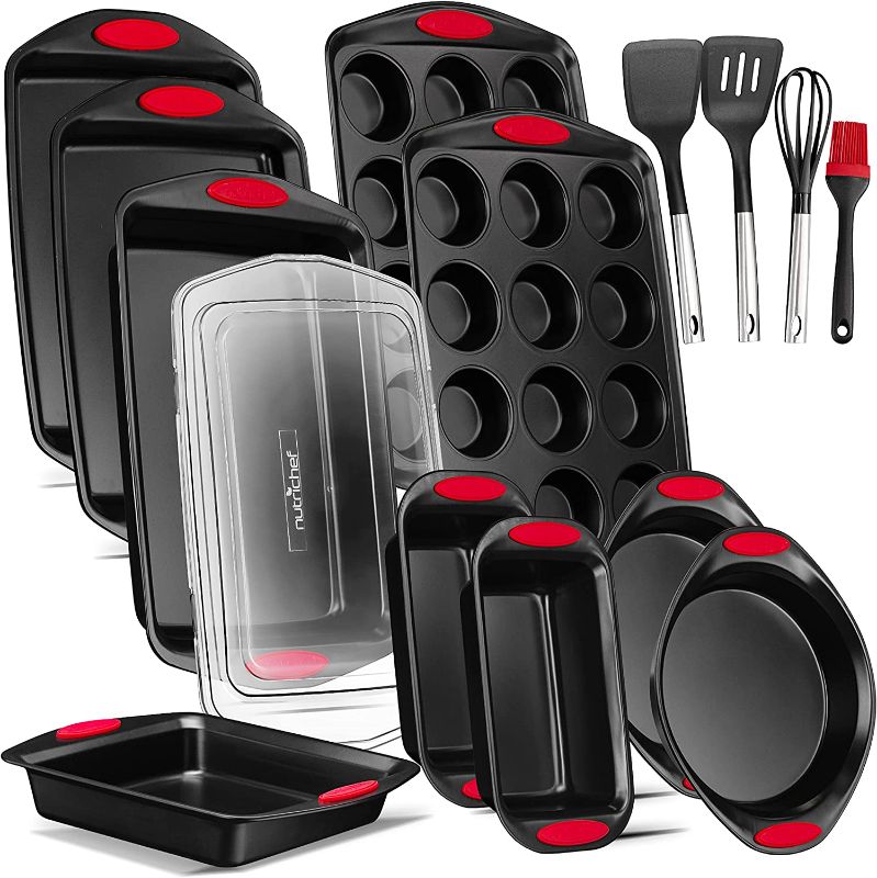 Photo 1 of 15-Piece Baking Pan Set - PFOA, PFOS, PTFE Free Flexible Nonstick Black Coating Carbon Steel Bakeware - Professional Home Kitchen Bake Cookie Sheet Stackable Tray w/ Red Silicone Handles
