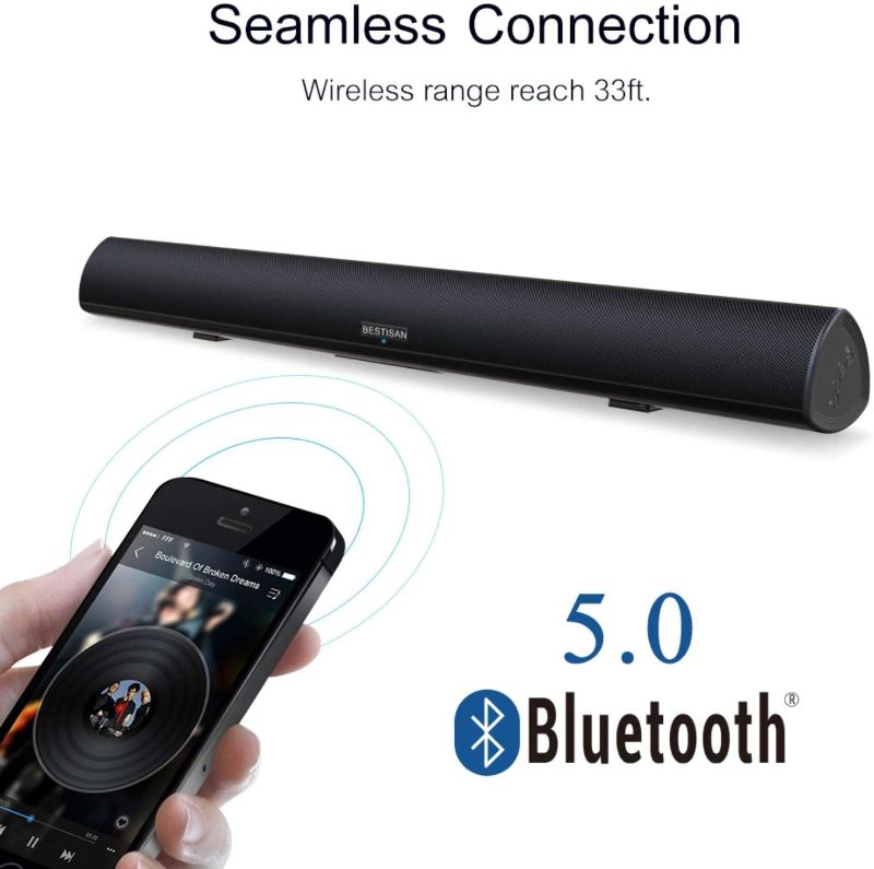 Photo 1 of 80Watt 34Inch Sound bar, Bestisan Soundbar Bluetooth 5.0 Wireless and Wired Home Theater Speaker (DSP, Bass Adjustable, Optical Cable Included)
