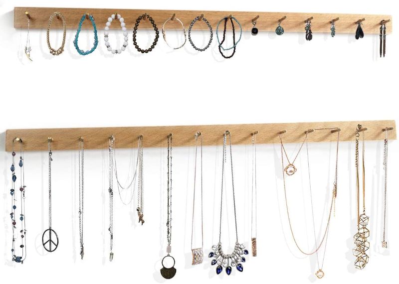 Photo 1 of BlingBelle 2-Piece Wall-Mounted Real Wood Metal Jewelry Organizers 28 Hook Necklace & Bracelet Racks Hanging Earring Bar, 22” X 1.2” X 0.4”(L W H)
