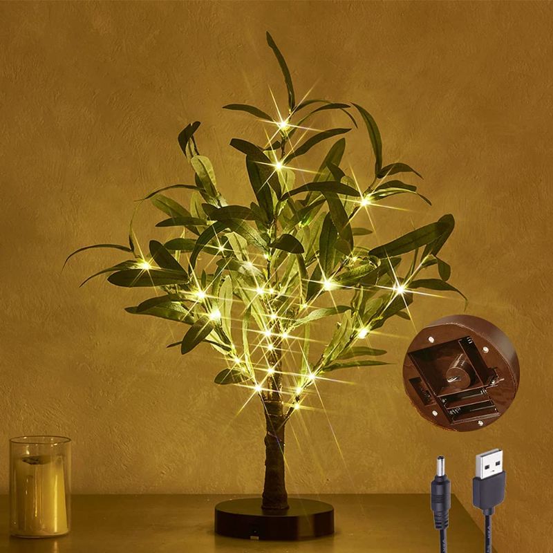 Photo 1 of Hairui Lighted Olive Tree Decor Battery Operated or USB 18in 50 Warm White LED with Timer, Light Up Table Top Artificial Greenery Tree with Fairy Lights for...
