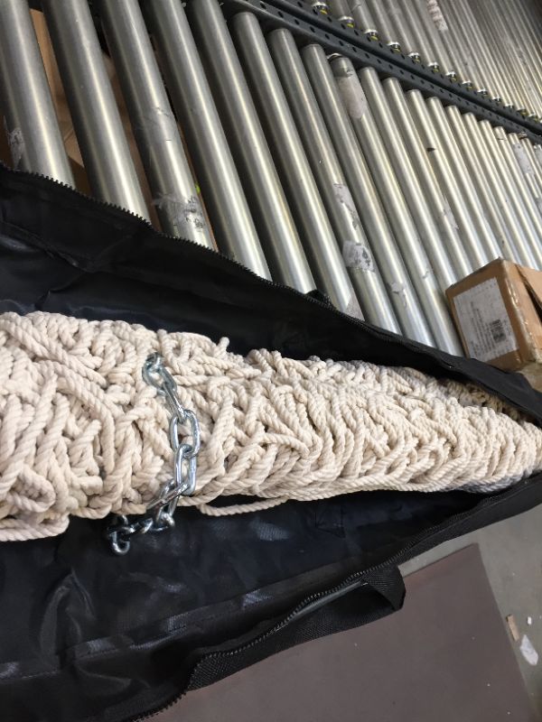 Photo 1 of Castaway Living 13 ft. Double Traditional Hand Woven Cotton Rope Hammock with Storage Bag, Extension Chains & Tree Hooks, Designed in The USA, for 2 People with a Weight Capacity of 450 lbs.
