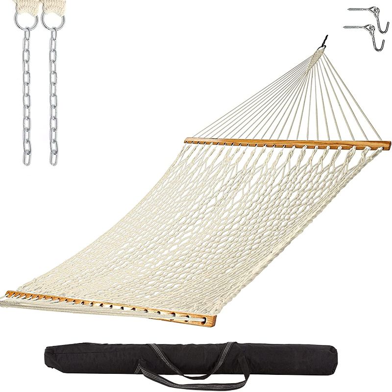 Photo 1 of Castaway Living 13 ft. Double Traditional Hand Woven Cotton Rope Hammock with Storage Bag, Extension Chains & Tree Hooks, Designed in The USA, for 2 People with a Weight Capacity of 450 lbs.

