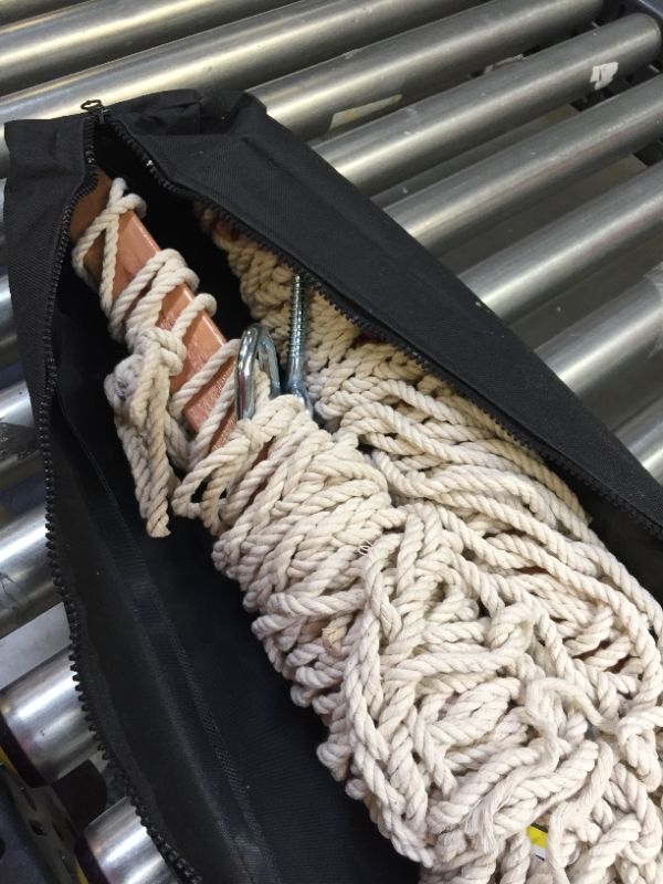 Photo 3 of Castaway Living 13 ft. Double Traditional Hand Woven Cotton Rope Hammock with Storage Bag, Extension Chains & Tree Hooks, Designed in The USA, for 2 People with a Weight Capacity of 450 lbs.
