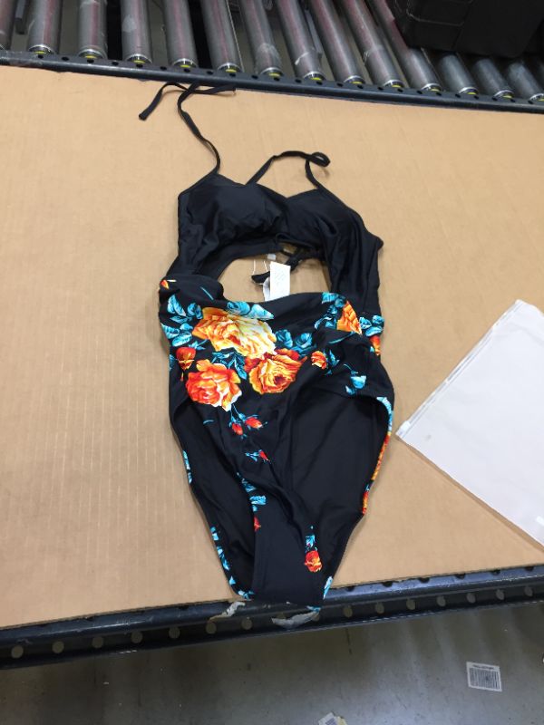 Photo 2 of Black Floral Print Halter One Piece Swimsuit M
