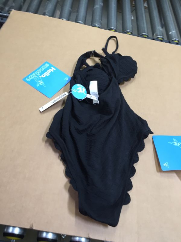 Photo 2 of Black Knotted Scalloped One Piece Swimsuit XL
