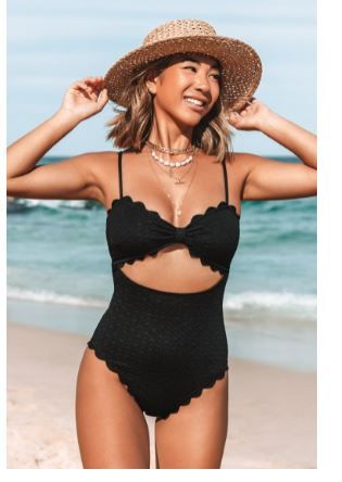 Photo 1 of Black Knotted Scalloped One Piece Swimsuit XL
