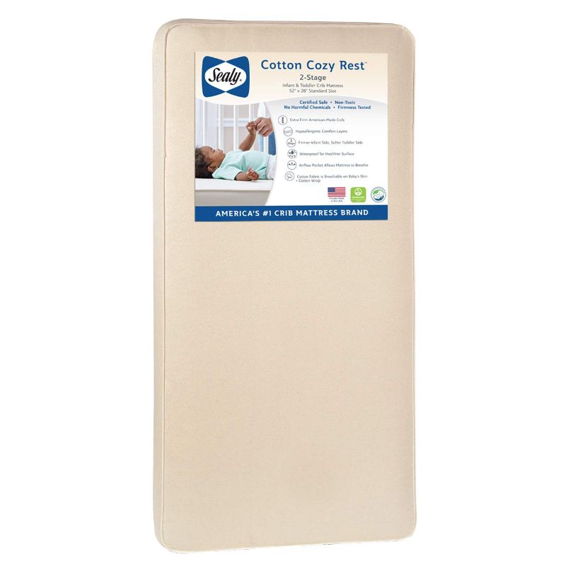 Photo 1 of Sealy Baby Cotton Cozy Rest 2-Stage Dual Firmness Waterproof Standard Toddler & Baby Crib Mattress - 204 Premium Coils, 51.7” x 27.3"
