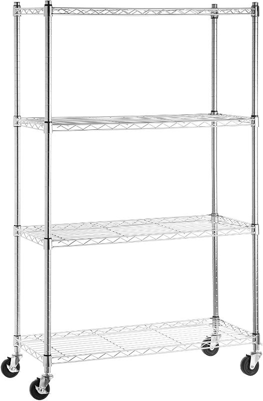 Photo 1 of Amazon Basics 4-Shelf Adjustable, Heavy Duty Storage Shelving Unit on 4'' Wheel Casters, Metal Organizer Wire Rack, Chrome (36L x 14W x 57.75H)
OUT OF BOX ITEM 
MISSING SOME HARDWARE 