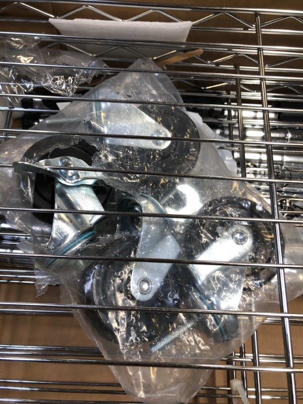 Photo 3 of Amazon Basics 4-Shelf Adjustable, Heavy Duty Storage Shelving Unit on 4'' Wheel Casters, Metal Organizer Wire Rack, Chrome (36L x 14W x 57.75H)
OUT OF BOX ITEM 
MISSING SOME HARDWARE 