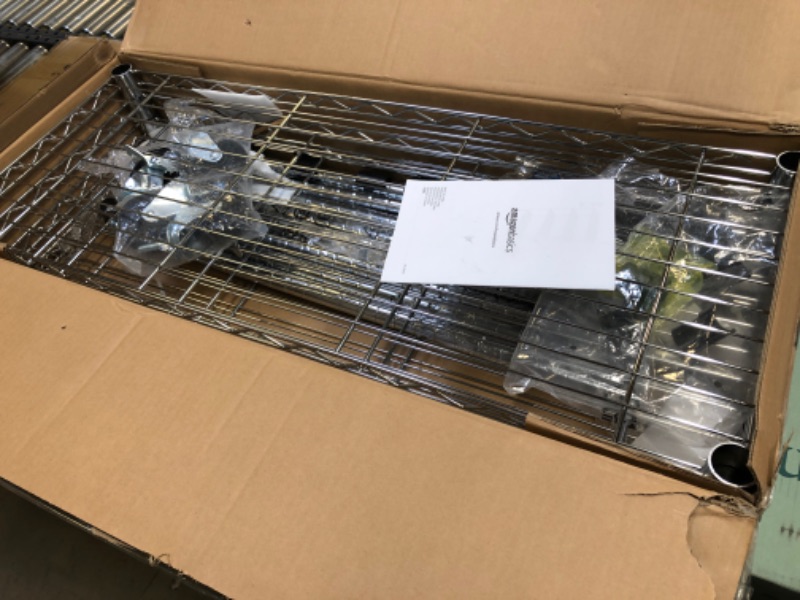 Photo 1 of Amazon Basics 4-Shelf Adjustable, Heavy Duty Storage Shelving Unit on 4'' Wheel Casters, Metal Organizer Wire Rack, Chrome (36L x 14W x 57.75H)
OUT OF BOX ITEM 
MISSING SOME HARDWARE 