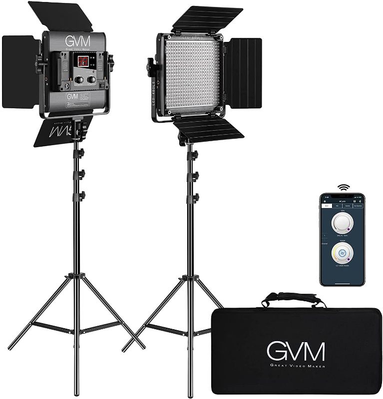 Photo 1 of GVM 2 Pack LED Video Lighting Kits with APP Control, Bi-Color Variable 2300K~6800K with Digital Display Brightness of 10~100% for Video Photography, CRI97+ TLCI97 Led Video Light Panel +Barndoor
