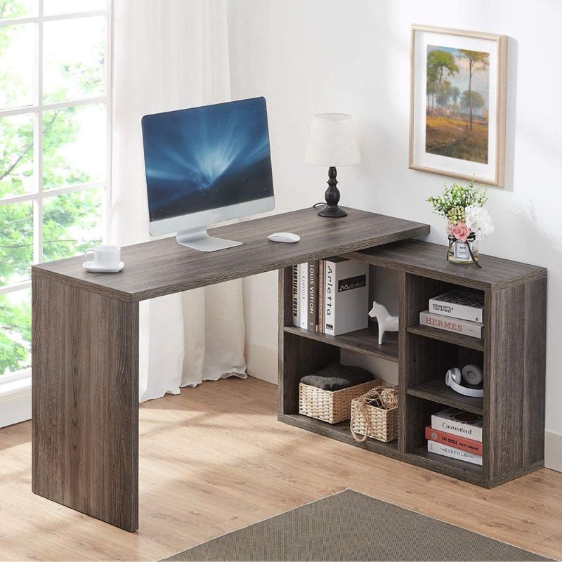 Photo 1 of HSH L Shaped Computer Desk, Rustic Wood Corner Desk, Industrial Writing Workstation Table with Cabinet Drawer Storage for Home Office Study, Grey 55 inch
