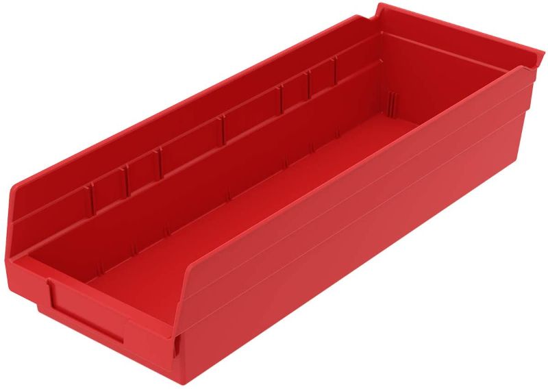 Photo 1 of Akro-Mils 30138 Plastic Nesting Shelf Bin Box, (18-Inch x 6-1/2-Inch x 4-Inch), Red, (12-Pack)
