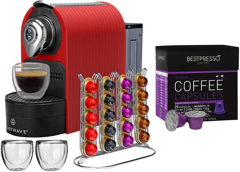 Photo 1 of ChefWave Mini Espresso Machine - Compatible with Nespresso pods, Programmable One-Touch 27 Oz. Water Tank - 40 Pod Holder, 2 Double-Wall Glass Cups - Red