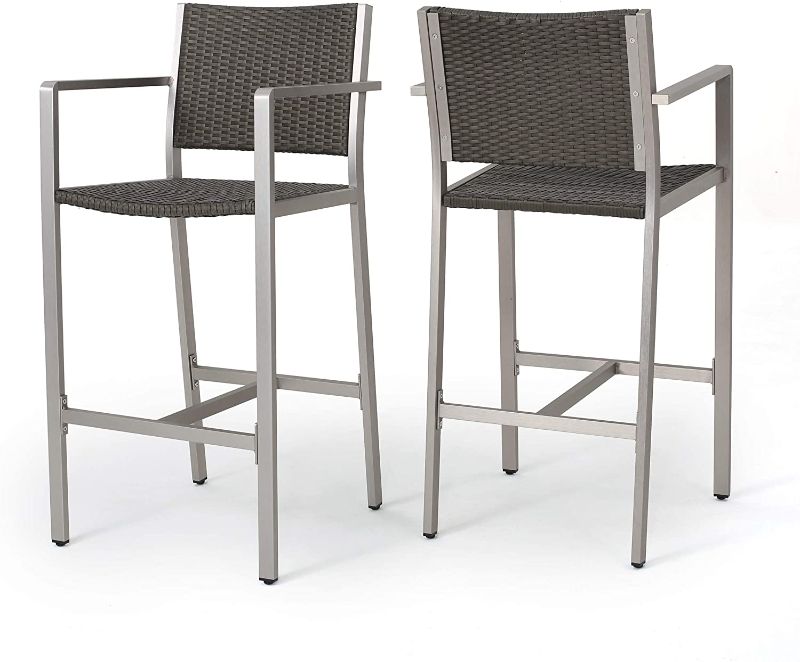 Photo 1 of Christopher Knight Home Cape Coral Outdoor Wicker Bar Stools, 2-Pcs Set, Grey
