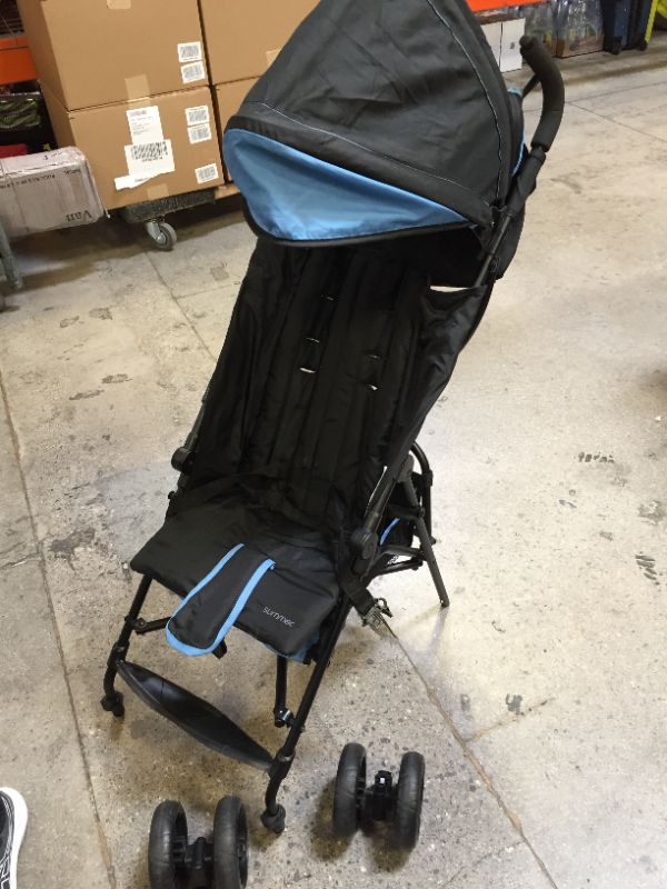 Photo 2 of GENERIC BLACK AND BLUE TRIM BABY STROLLER.