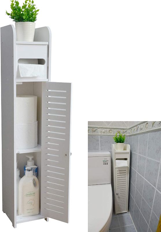Photo 1 of AOJEZOR Small Bathroom Storage Corner Floor Cabinet with Doors and Shelves,Thin Toilet Vanity Cabinet,Narrow Bath Sink Organizer,Towel Storage Shelf for Paper Holder,White
