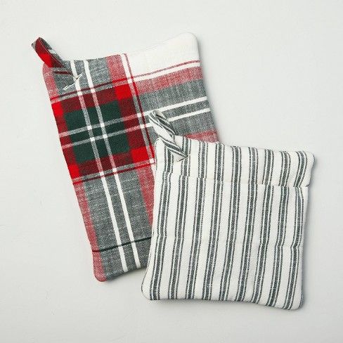 Photo 1 of 2pc Holiday Plaid & Multi Stripe Kitchen Towel Set Red/Green - Hearth & Hand with Magnolia