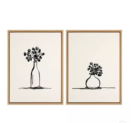 Photo 1 of 18" x 24" 2pc Sylvie Still Life Sketched Botanical Flower Vase Framed Wall Canvas Set Natural - Kate & Laurel All Things Decor
