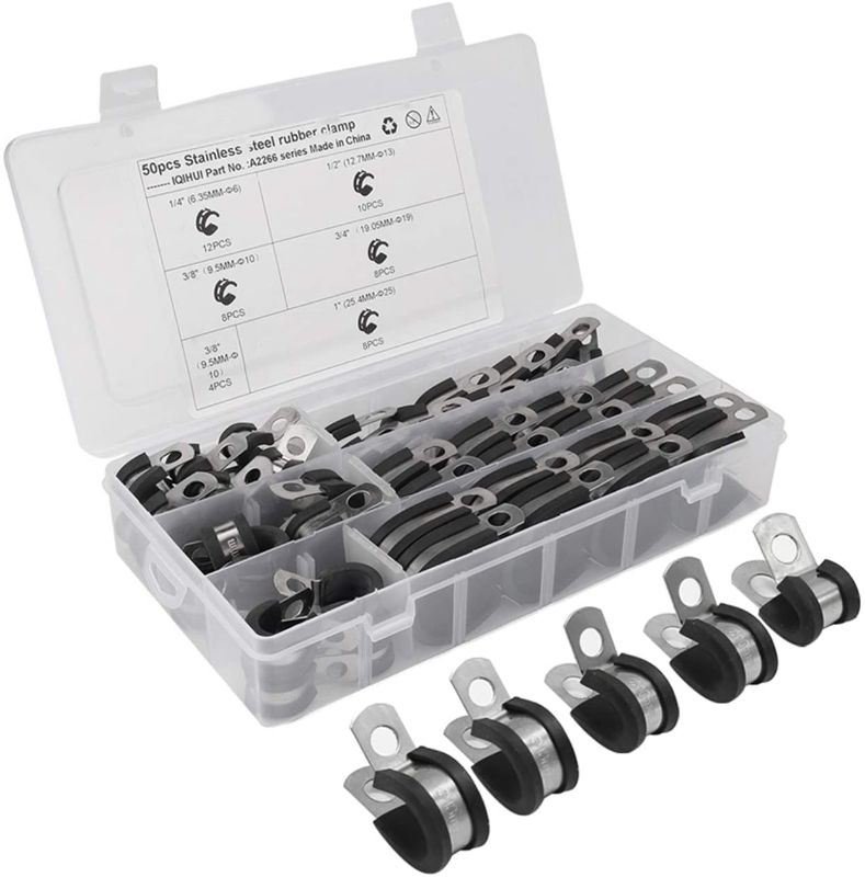 Photo 1 of 50 Pcs Cable Clamp Assortment Kit Stainless Steel Cushion Pipe Clamps Line Clamps 5 Different Size 1/4'' 3/8'' 1/2'' 3/4'' 1''
