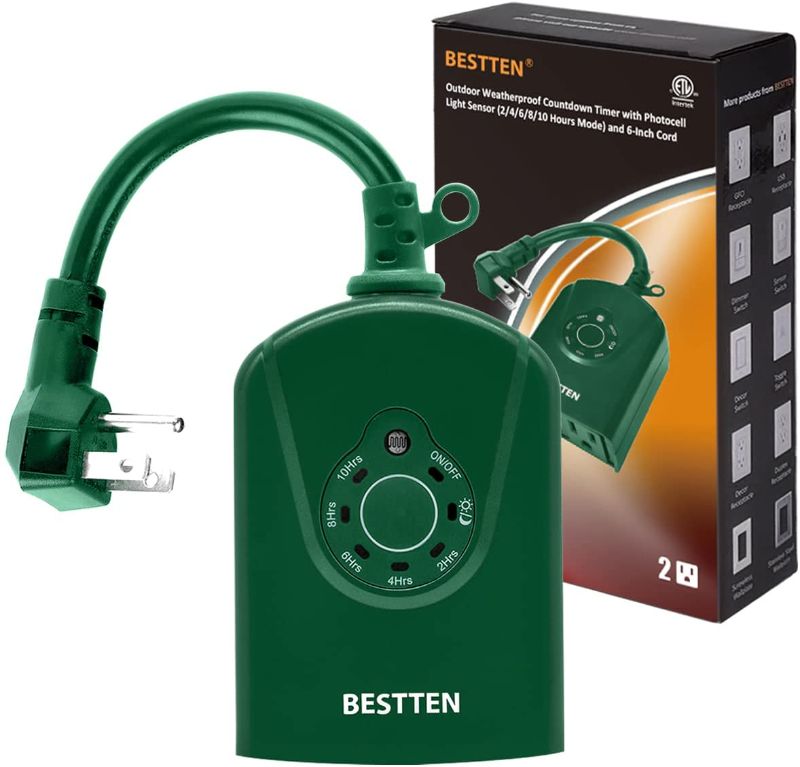 Photo 1 of BESTTEN Outdoor Digital Timer Outlet, Photocell Light Sensor, 2 Grounded Outlets, Setting for ON/Off/Dusk to Dawn/ON at Dusk & 2/4/6/8/10 Hours Countdown, ETL Certified, Green
