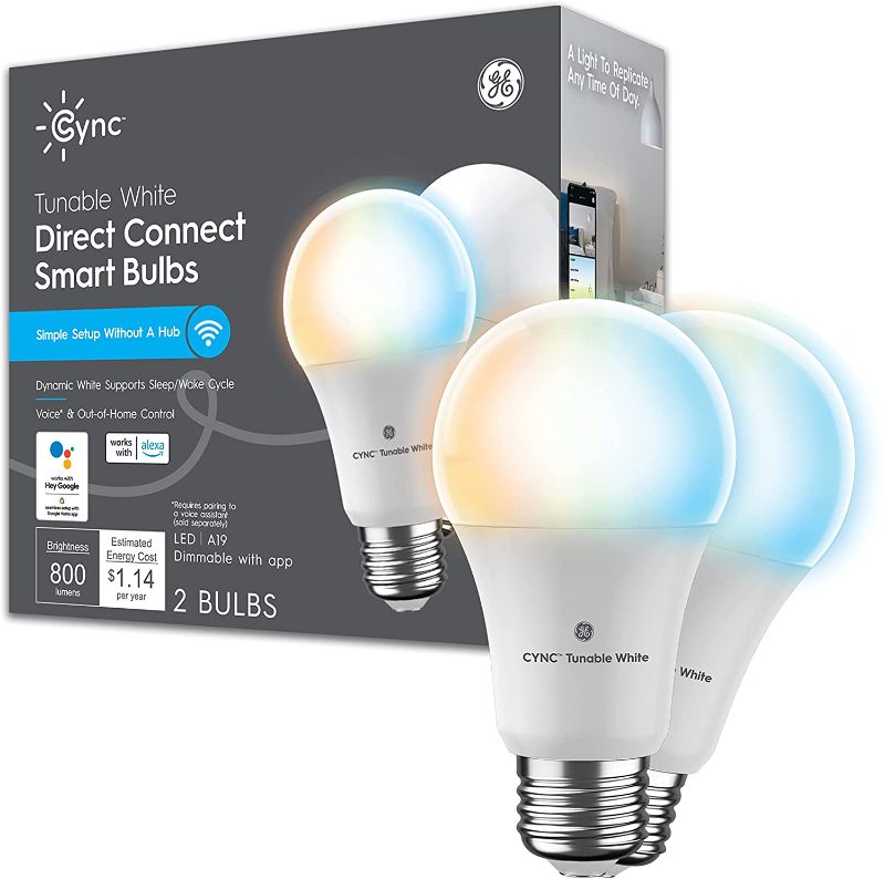 Photo 1 of GE CYNC Smart Light Bulbs with Bluetooth and Wifi, Alexa and Google Home Compatible, Dynamic White Light, Dimmable, A19 Bulb Shape (2 Pack)
