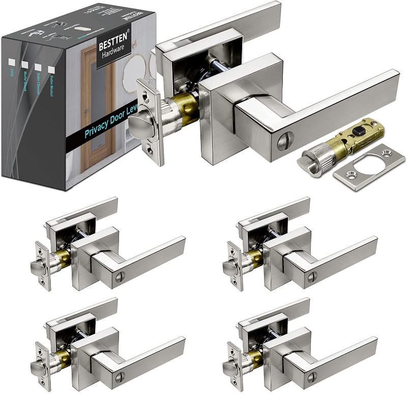 Photo 1 of [5 Pack] BESTTEN Satin Nickel Privacy Door Lever Set, Heavy Duty Square Door Handle with Keyless Lock, for Bedroom and Bathroom, Monaco Series, Commercial and Residential
