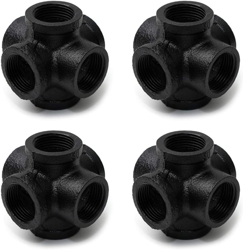 Photo 1 of 1/2" Black Painted 6-Way Side Outlet Tee, Home TZH Iron Pipe Fittings for Industrial vintage style, Flanges with Threaded Hole for DIY Project/Furniture/Shelving Decoration (4, 1/2"(Black Painted))
