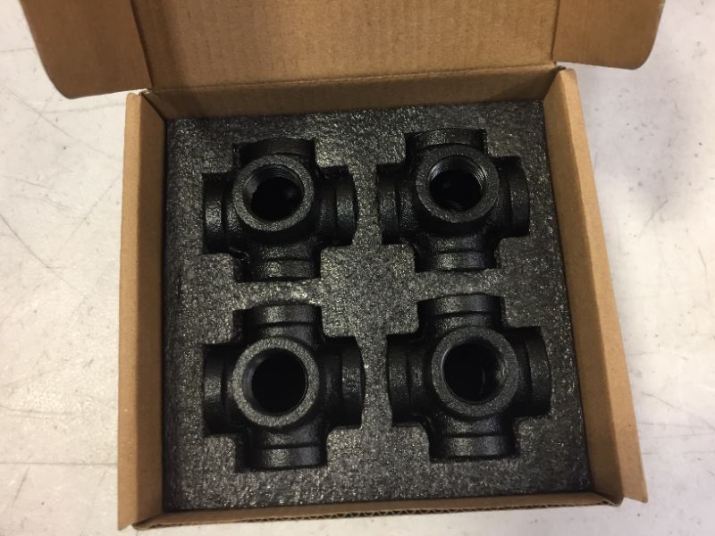 Photo 2 of 1/2" Black Painted 6-Way Side Outlet Tee, Home TZH Iron Pipe Fittings for Industrial vintage style, Flanges with Threaded Hole for DIY Project/Furniture/Shelving Decoration (4, 1/2"(Black Painted))
