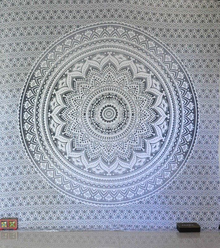 Photo 1 of Bless International Indian Traditional Mandala Hippie Wall Hanging, Cotton Tapestry Ombre Bohemian Bedspread (Queen(84x90 Inches)(215x230 cm), Grey/Silver)
