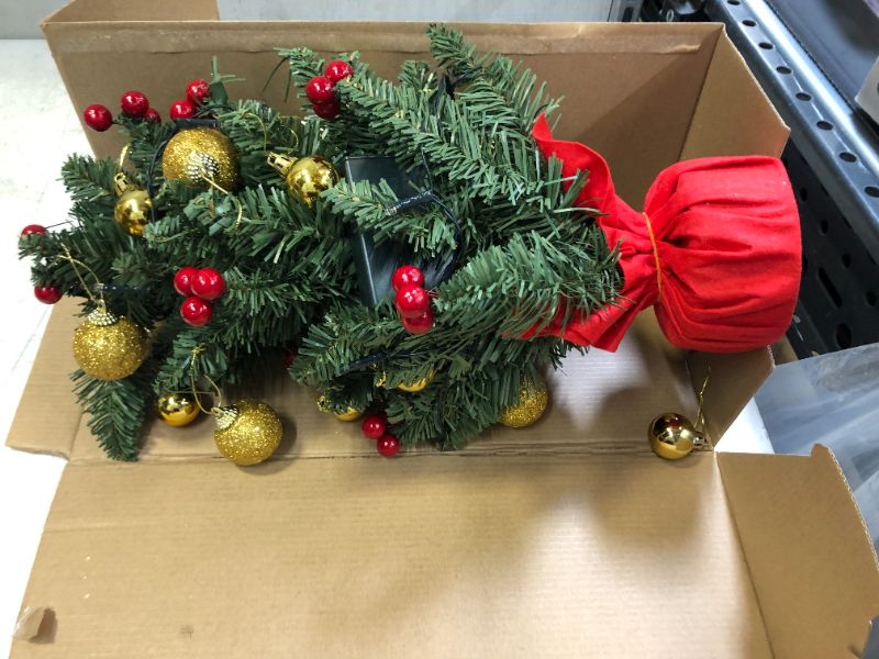 Photo 2 of 21in Prelit Tabletop Christmas Tree,Small Desk Christmas Tree with Lights,Holly Berries,Ornaments Balls for Holiday Season Decorations
