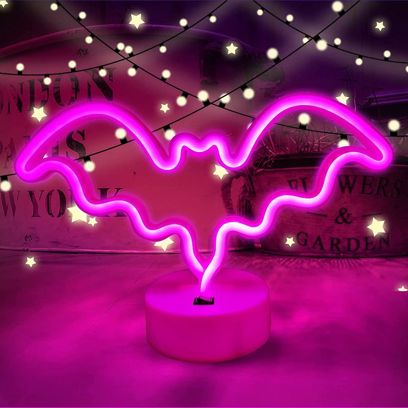 Photo 1 of AGUDOU Halloween Bat Neon Light, Neon Night Light Pink for Kids, 4500LM Decoration Led Table Lamps for Party, Gift, Room Bedside Desk Lamp with USB Plug/Battery AAx3, PVC Case, White