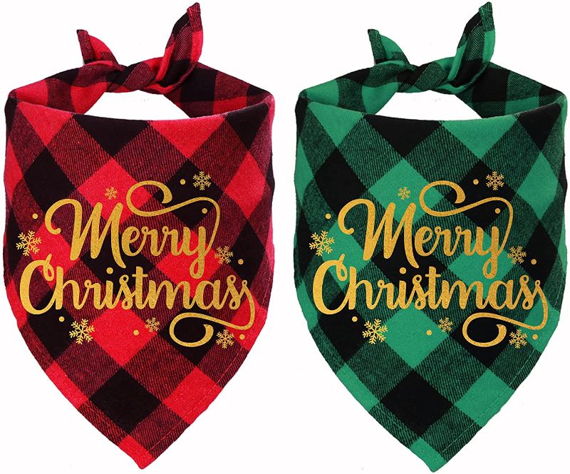 Photo 1 of 2 Pack Christmas Plaid Dog Bandanas, Merry Christmas Snowflake Holiday Plaid Dog Bandanas for Small Medium Dog Christmas Costume Decorations