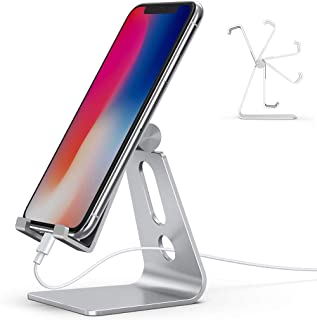 Photo 1 of Emoly Adjustable Cell Phone Stand, 2020 Aluminum Desktop Cellphone Stand with Anti-Slip Base and Convenient Charging Port, Fits All Smart Phones (Silver)