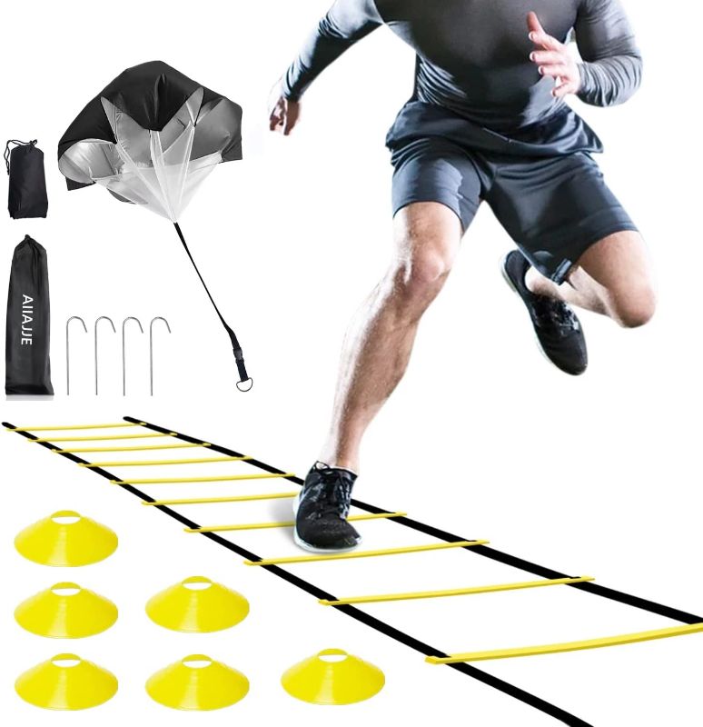 Photo 1 of AIIAJJE Pro Agility Ladder 20ft Speed Agility Ladder Training Set 6 Cones 12 Rungs Resistance Parachute with Carrying Bag
